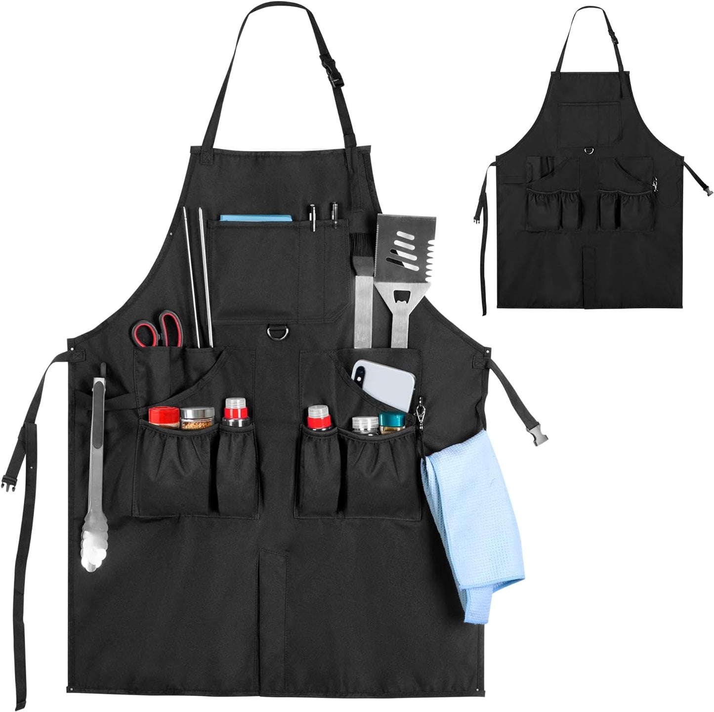 BBQ Grilling Apron, Cooking Aprons for Men with Pockets & Slit Hem, Kitchen Apron with Adjustable Neck & Waist Straps for Men & Women, Cooking Aprons for Chef, Painter, Carpenter (Apron Only)