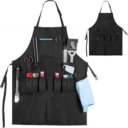 BBQ Grilling Apron, Cooking Aprons for Men with Pockets & Slit Hem, Kitchen Apron with Adjustable Neck & Waist Straps for Men & Women, Cooking Aprons for Chef, Painter, Carpenter (Apron Only)