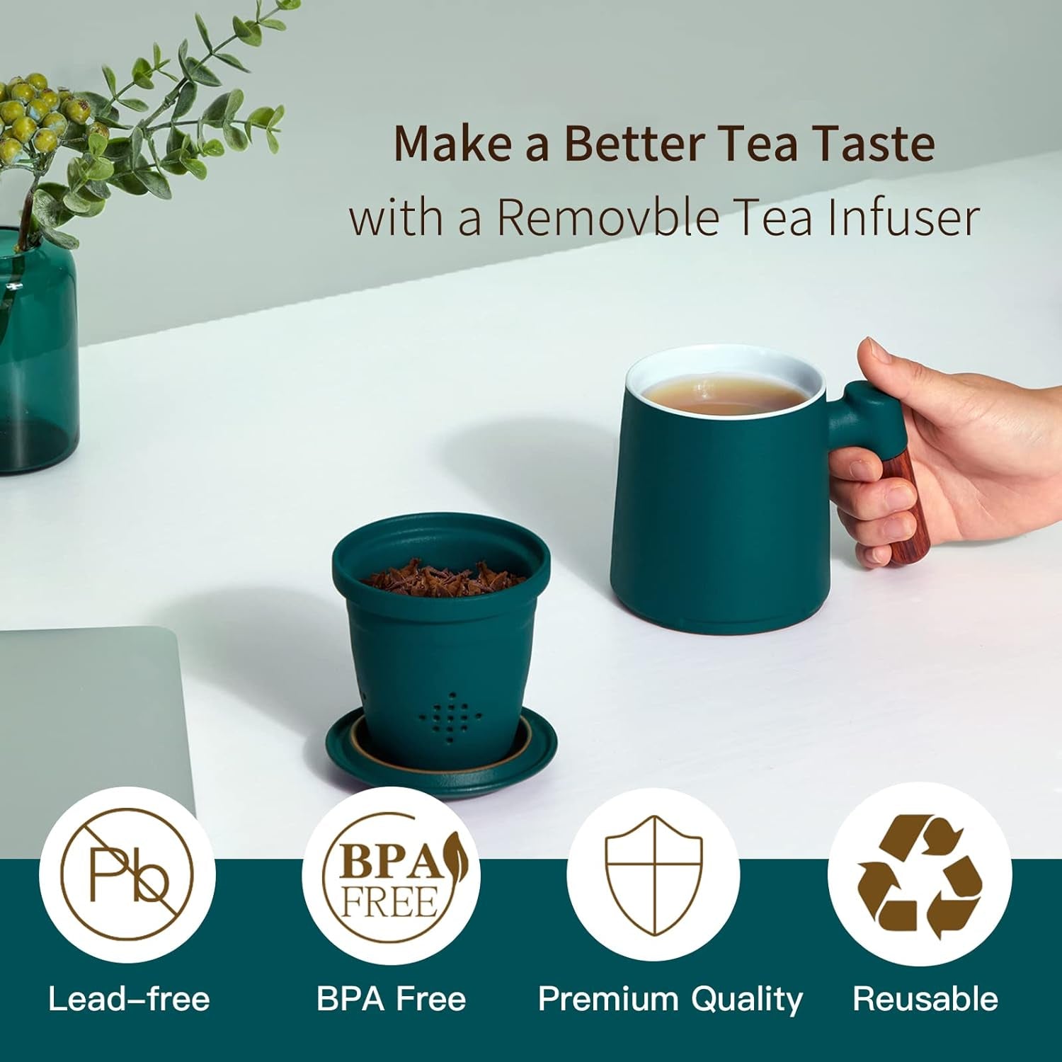 Tea Mug with Infuser and Lid, Wood Handle Loose Leaf Tea Strainer Cup, 360ML Matte Dark Green Ceramic Tea Steeping Mug Gifts