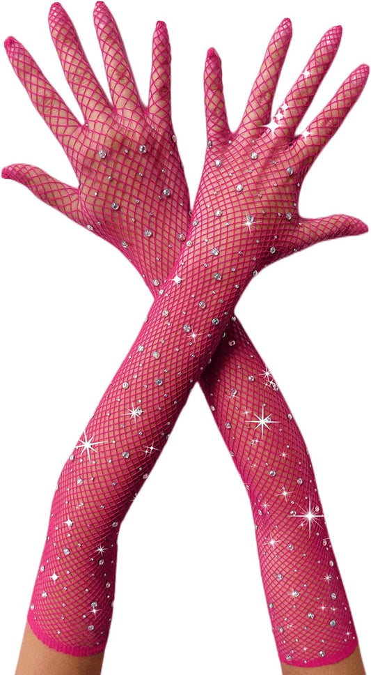 Women Fishnet Rhinestone Gloves Sparkly Party Gloves Glitter Gloves Prom Accessories