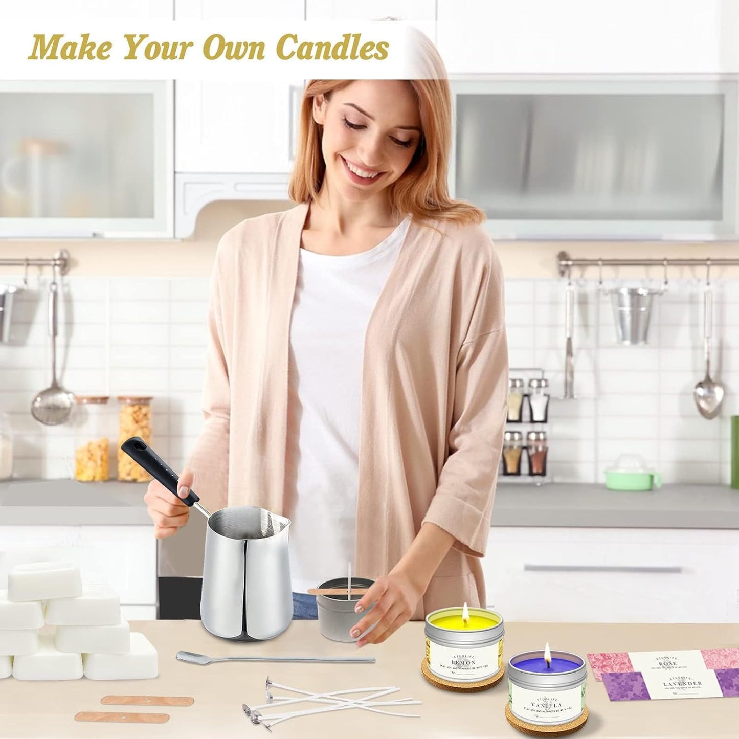 Candle Making Kits for Adults Beginners,Soy Wax for Candle Making,Candle Making Supplies Accessory,Make Your Own Candles,Melting Pot,Fragrance Oils,Candle Tins,Wicks,Dye Wax