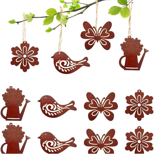 "Set of 12 Patina Vintage Hanging Decoration, Bird, Flowers, Watering Can, Butterfly, Decorative Hanger - Rust Look Garden Decoration Metal Figure - Easter Decoration for Hanging with Rope for Home