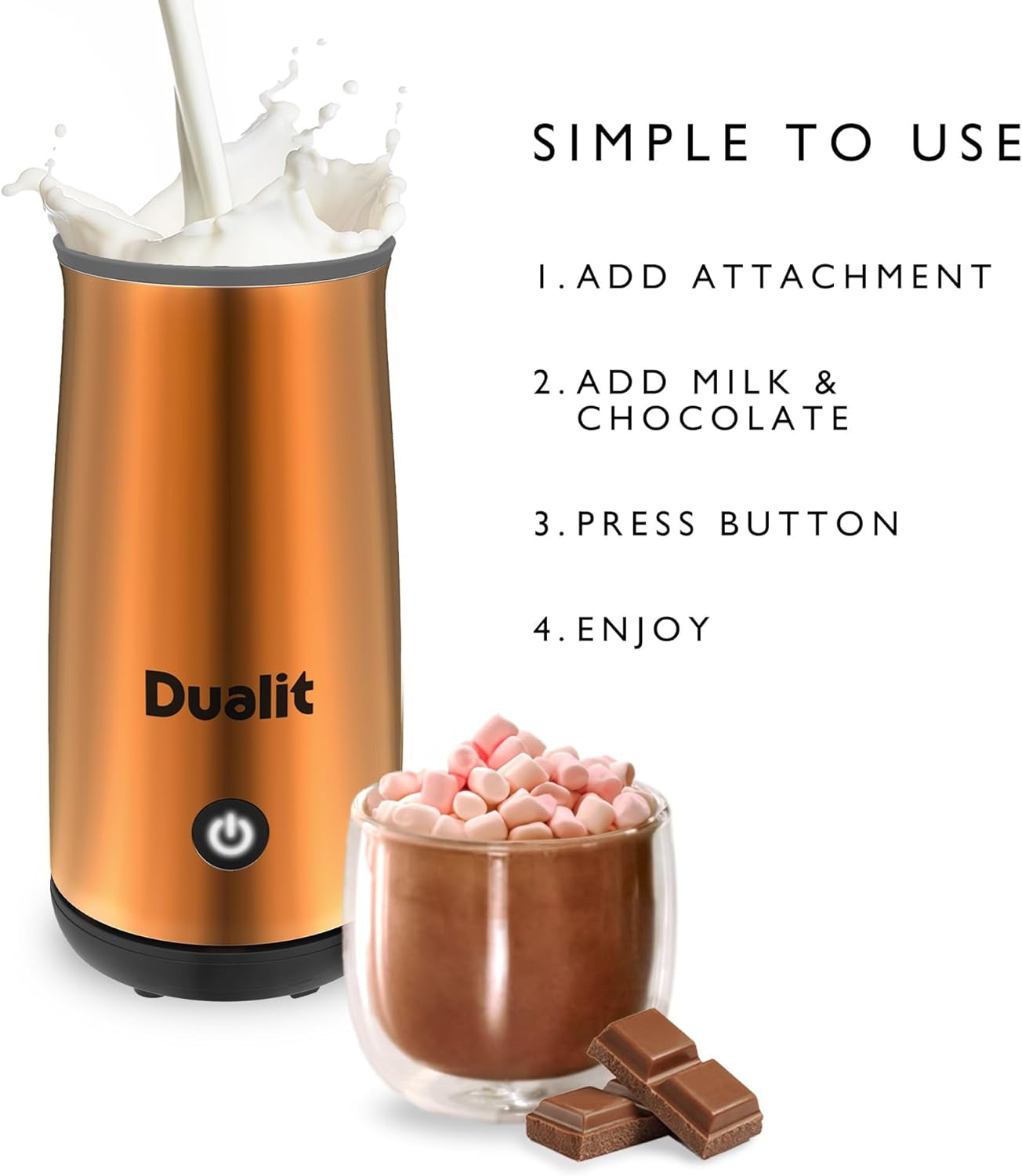 Cocoatiser™ Hot Chocolate Maker - 250Ml Capacity - Powder, Buttons & Grated Chocolate - Velvety Hot Chocolate in 3 Mins - Cordless Jug - Copper