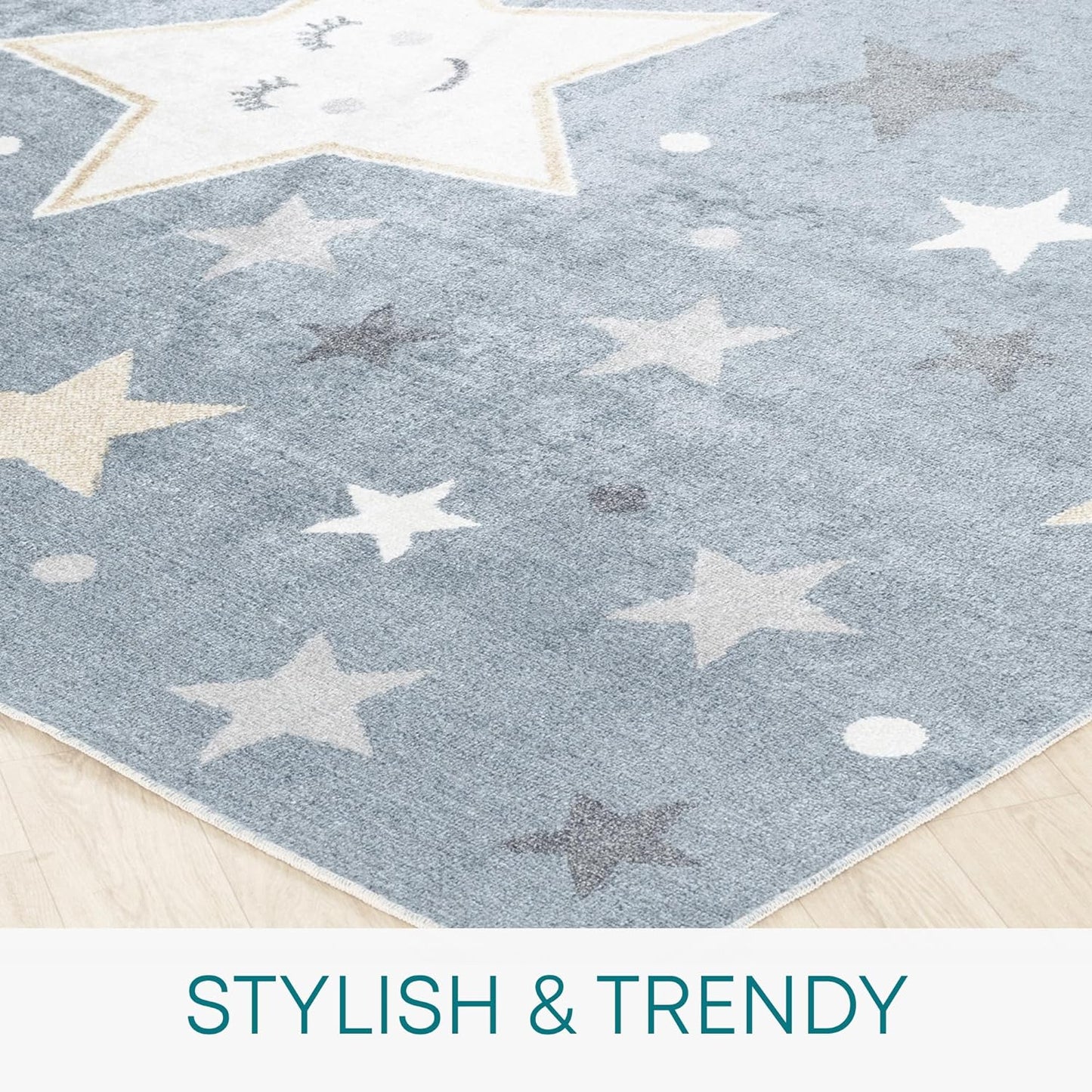 Star Kids Rug - Stars and Nighttime Design Childrens Rugs for Bedroom, Nursery or Playroom - Baby Bedroom Accessories for Boys & Girls, Blue and Grey, 120X170Cm