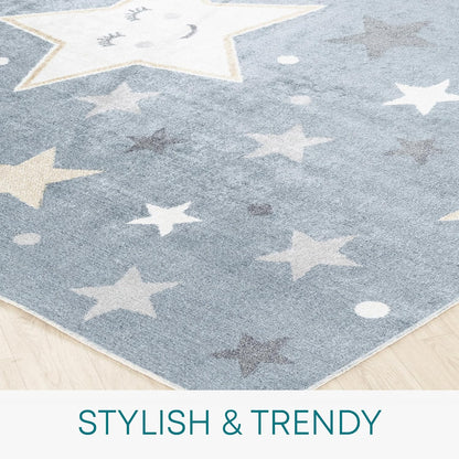 Star Kids Rug - Stars and Nighttime Design Childrens Rugs for Bedroom, Nursery or Playroom - Baby Bedroom Accessories for Boys & Girls, Blue and Grey, 120X170Cm