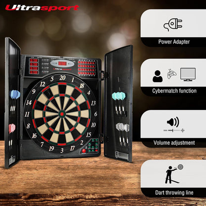 Electric Dartboard, with and without Doors, Dart Machine for up to 16 Players, Including Throw Line, 12 Darts and 100 Soft Tips, Suitable for Parties and Game Nights