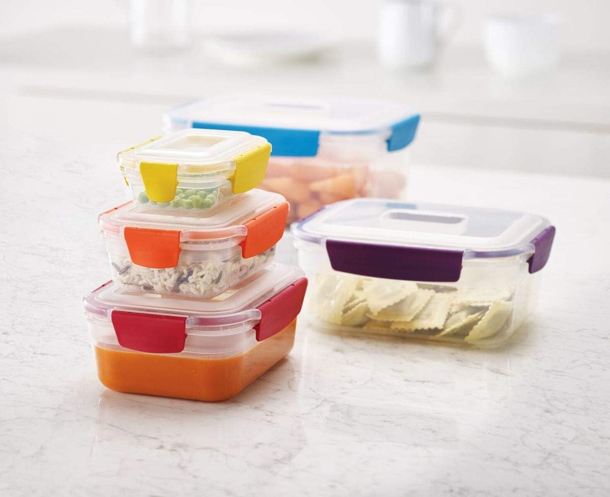 Nest Lock, 5 Piece Plastic Food Kitchen Storage Container Set with Lids, Leak Proof, Airtight, Space Saving, BPA Free- Multicolour