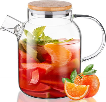 Glass Water Jug Teapot Stovetop Safe with Removable Filter Spout, Jug with Lid/Handle for for Loose Leaf and Blooming Tea, Juice, Milk, Beverage, Hot/Cold Water & Iced Tea,64 OZ(1800ML)