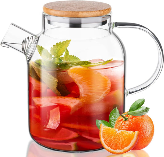 Glass Water Jug Teapot Stovetop Safe with Removable Filter Spout, Jug with Lid/Handle for for Loose Leaf and Blooming Tea, Juice, Milk, Beverage, Hot/Cold Water & Iced Tea,64 OZ(1800ML)