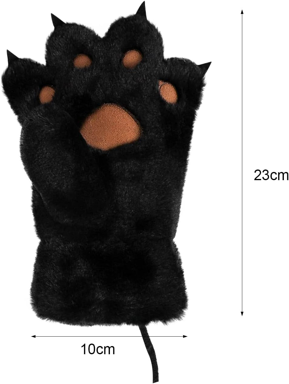 Women Girls Cat Bear Paw Claw Gloves Mittens Plush Warm Winter Animal Wolf Paw Handwear Cute Cartoon Claw Mittens with String Cosplay Party Halloween Christmas