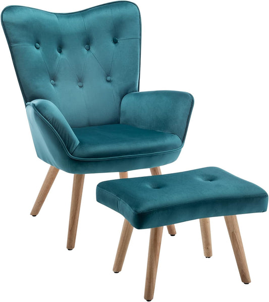 Armchair Living Room Chair, Velvet Accent Chair with Footstool Lounge Leisure Chairs, Reading Chair Bedroom Chair, Teal