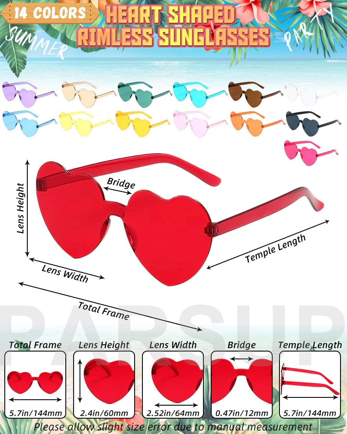 14 Pairs Heart Shaped Rimless Glasses Frameless Sunglasses Transparent Candy Colour Tinted Eyewear Bachelorette Party Favours Photo Booth Props,14 Colours