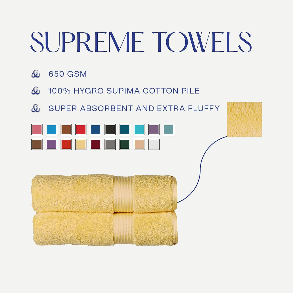 Supreme Hygro 6 Piece Towel Set in Primrose 100% Supima Cotton - Luxurious & High Absorbency - Ultra Soft - 650GSM - 2 Bath, 2 Hand & 2 Face Towels