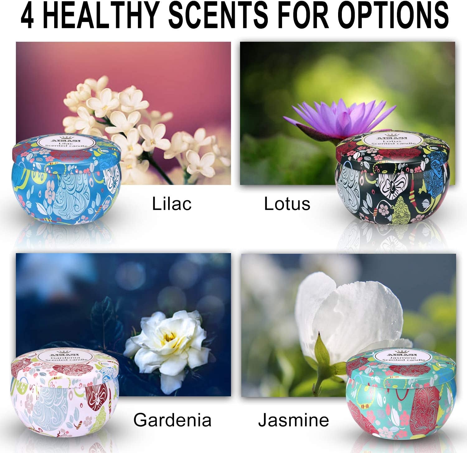 Scented Candles Gift Set of 4 Jasmine,Lotus,Lilac Blossoms & White Gardenia,Gifts for Women,Aromatherapy Candles, Natural Soy Wax Portable Travel Tin Candle, Birthday Gifts, Mother'S Day Gifts