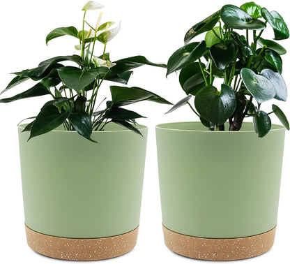 Plant Pots Set of 2 Pack 16.5Cm,Planters for Indoor Plants with Drainage Holes and Removable Base,Saucer Modern Decorative for Outdoor Garden Planters(Green 16.5Cm)