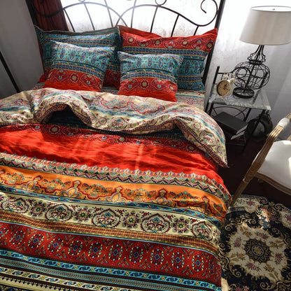 Bohemian Duvet Cover Double 3-Piece 100% Cotton Boho Exotic Mixed Blue and Red Striped Moroccan Bedding Set with Pillowcases, 200X200 Cm