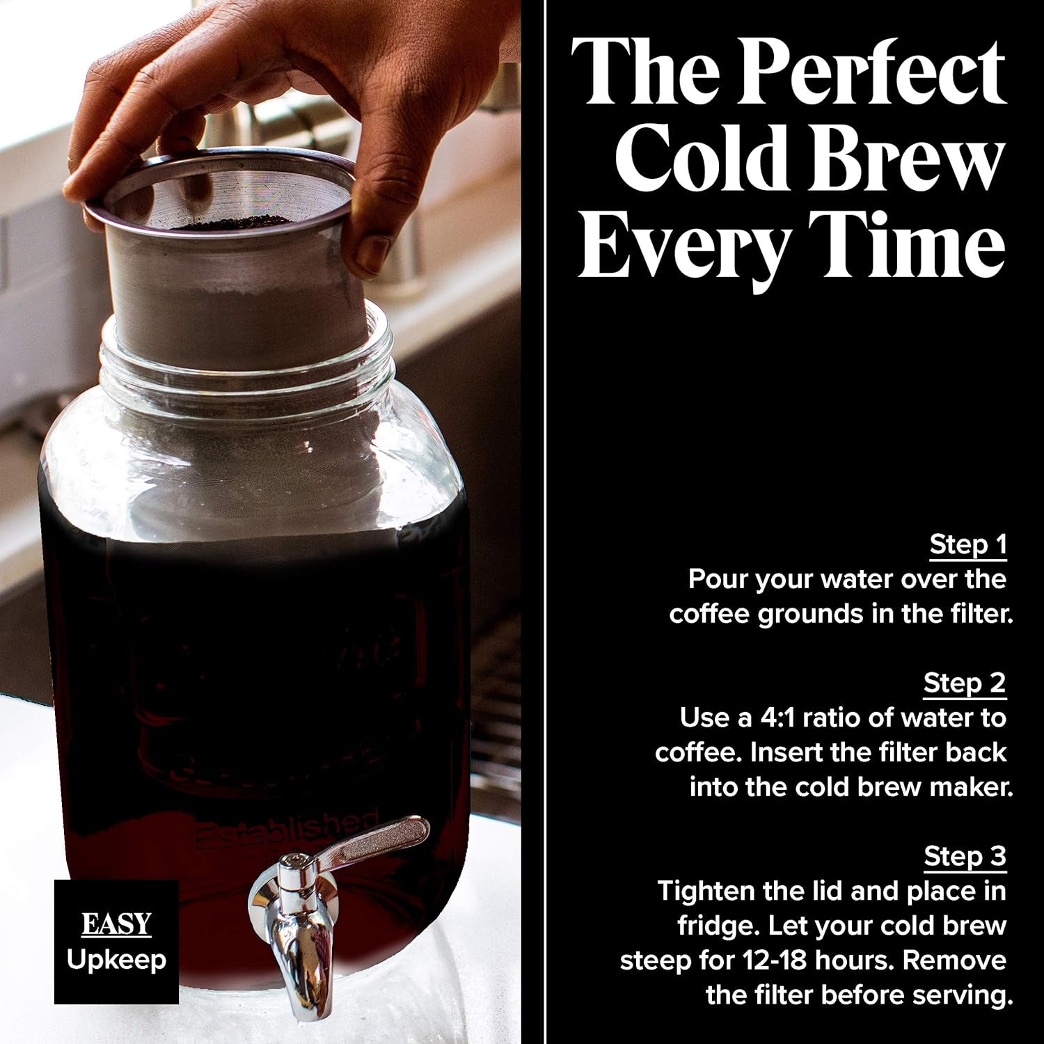 Cold Brew Maker - Iced Coffee Makers - Glass Mason Jar W/Stainless Steel Spout - Removable Filter - Airtight Jug W/Tap - Approx 4 Litres