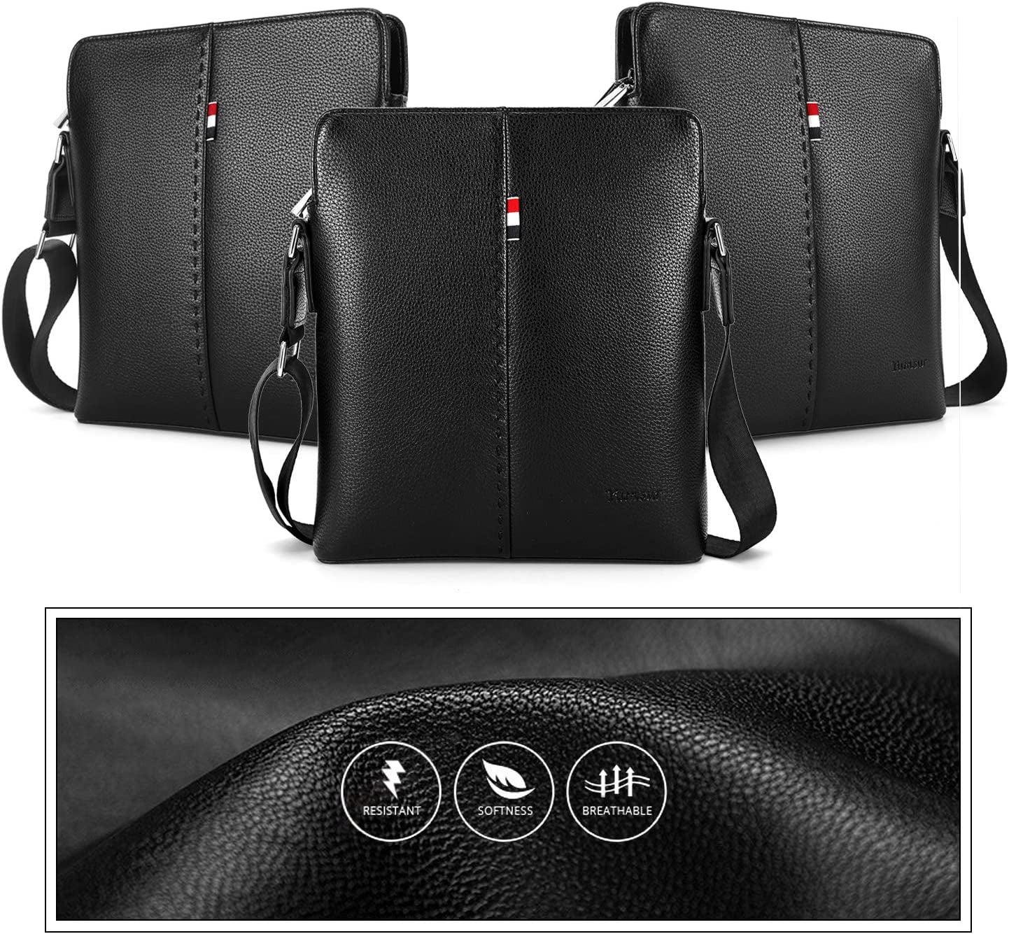 Mens Shoulder Bag, Genuine Leather Messenger Handbag Crossbody Bag for Men Purse Ipad Bag for Business Office Work School with Adjustable Strap Black