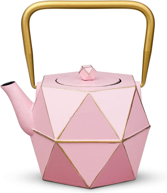 Cast Iron Teapot, Stovetop Safe Japanese Cast Iron Tea Kettle, Diamond Design Tea Pot with Removable Infuser for Loose Tea, 30 Ounce (900 Ml), Pink…