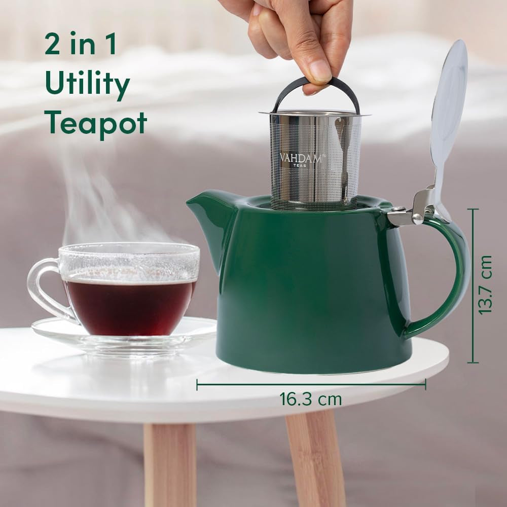 Porcelain Loose Leaf Teapot with Infuser, Strainer & Lid | Tea Pot for 2 People | Dark Green | Tea & Coffee Teapot, Tea Gift Sets - 500Ml/17 Oz