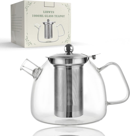 Glass Teapot 1000Ml Borosilicate Tea Pot with Removable Stainless Steel Infuser for Loose Tea Stovetop Safe and Heat-Resistant Teapot for Tea and Coffee