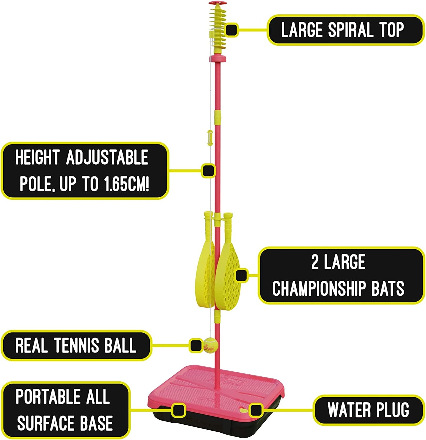 Classic All Surface  Set, Real Tennis Ball, Championship Bats, All Surface Base with Integrated Carry Case for Transportation, for Ages 6+ to Adult, Classic Outdoor Games, Red and Yellow