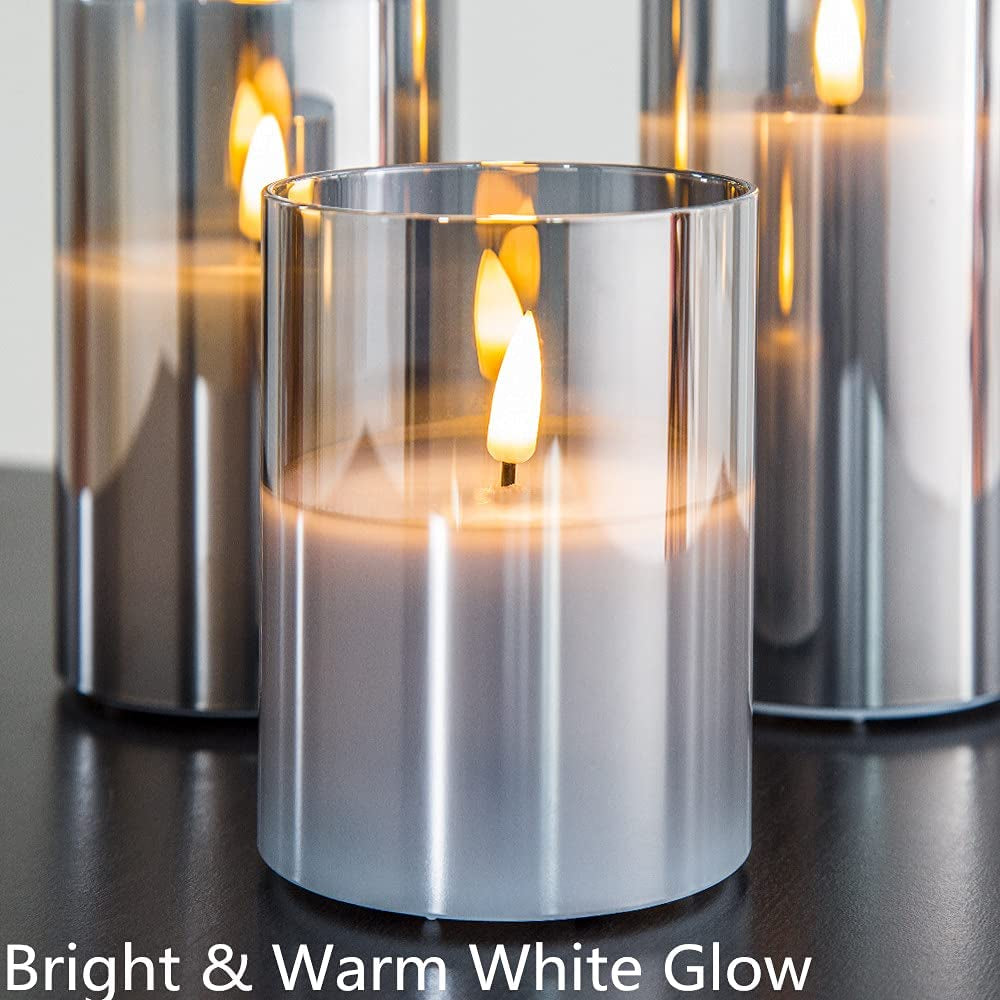 Silver Grey Glass Flameless Flickering Candles with Remote, 3 Pack Realistic LED Fake Candles ∅ 3" H 4" 5" 6"