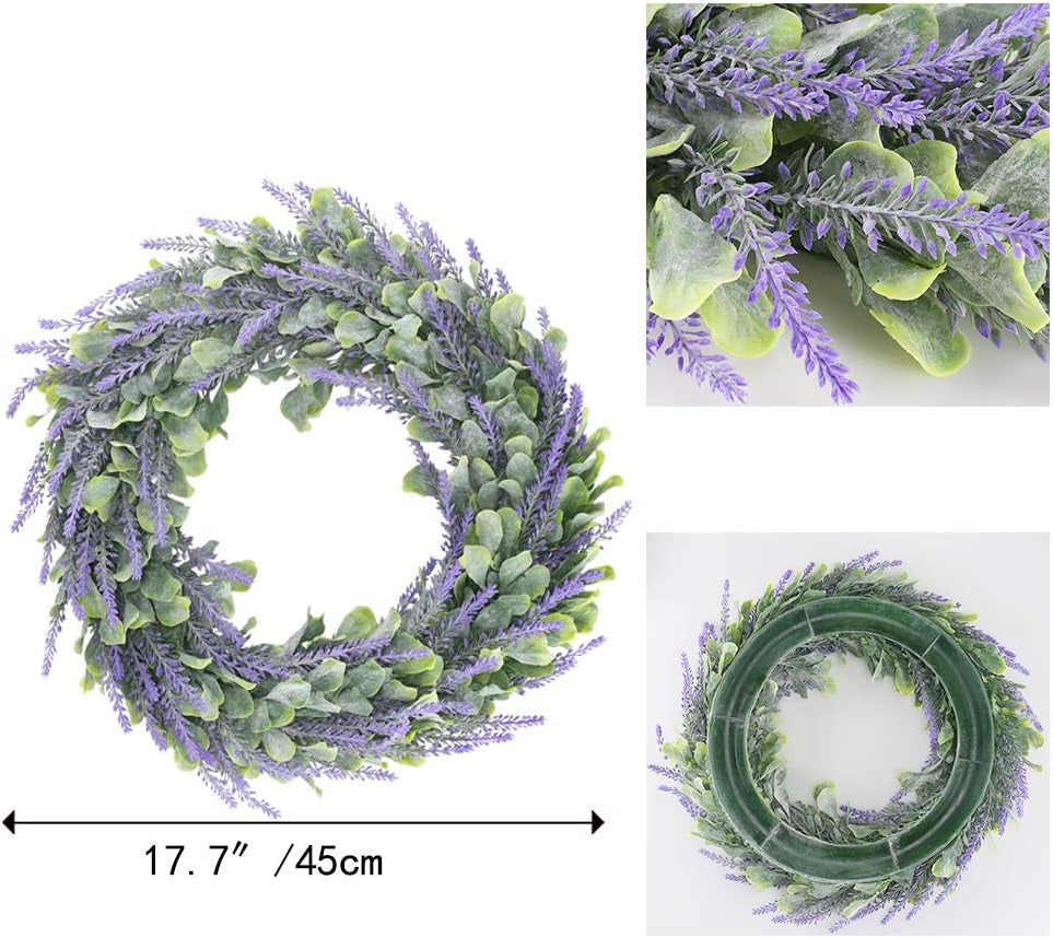 Artificial Lavender Wreath Plastic Spring Wreath Fake Silk Purple Front Door Wreath for Spring Front Door Indoor Outdoor Window Wall Home Fireplace Wedding Decor 45Cm