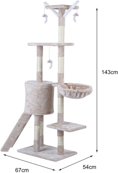 Cat Scratching Post 143 Cm Cat Tree Multi-Level Stable Cat Tower Cat Scratching Post with Bed,Cat Bed Cat Climbing Frame with Ladder,Pet Activity Furniture Play House for Indoor Cats,Beige