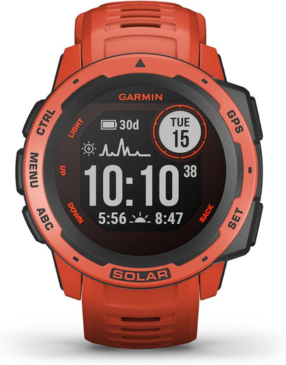 Instinct SOLAR, Rugged GPS Smartwatch, Built-In Sports Apps and Health Monitoring, Solar Charging and Ultratough Design Features, Flame Red