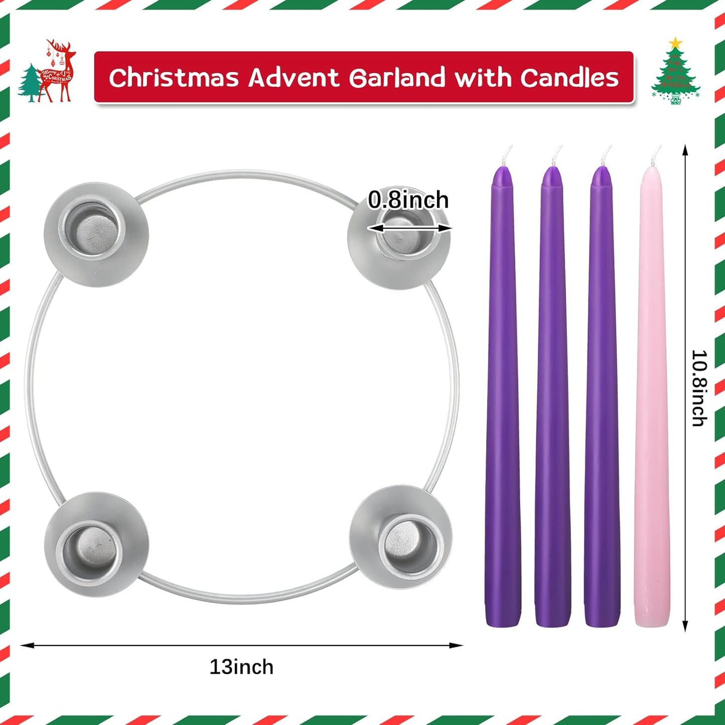 5 Packs Christmas Advent Wreath Ring Set Silver Christmas Advent Candles Holder with 4 Pcs Advent Candles 3 Purple and 1 Pink Taper Candles Christmas Advent Ring Set for Church Home