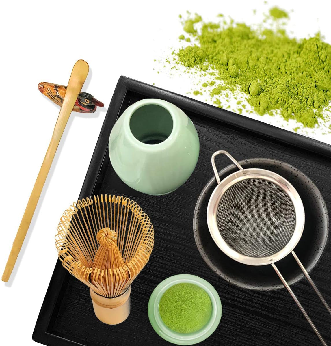 Japanese Matcha Tea Set, Matcha Whisk, Traditional Scoop, Matcha Bowl, Black Bamboo Tray, Ceramic Whisk Holder, Matcha Caddy, Handmade Matcha Ceremony Kit for Japanese Tea Ceremony (10Pcs)