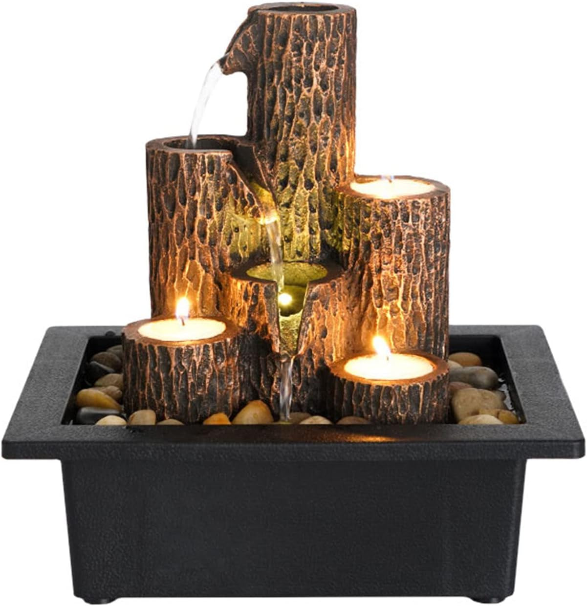 Tiered Column Tabletop Fountain with 3 Candlesticks, Mini Waterfall for Indoor Spaces, Relaxation Water Feature,Black,9 Inchl X 6.9 Inchw X 9.2 Inchh