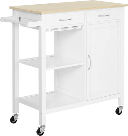 Kitchen Storage Trolley Cart Cupboard Rolling Wheels Shelves Cabinet Island W/Drawers Towel Rail Wine Glass Rack Pine Wood Worktop White