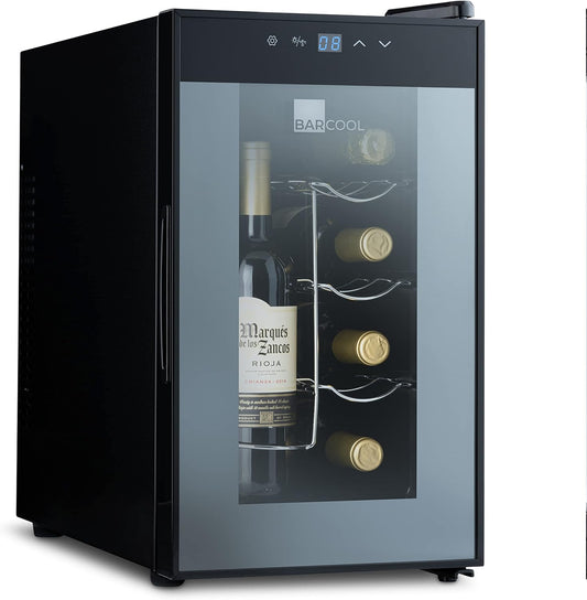 VINO8 – Table-Top Wine Fridge Black | 5-18°C | Wine Cooler | LED + Digital Display | Glass Door Drinks Cellar | Single-Zone (8 Bottle)