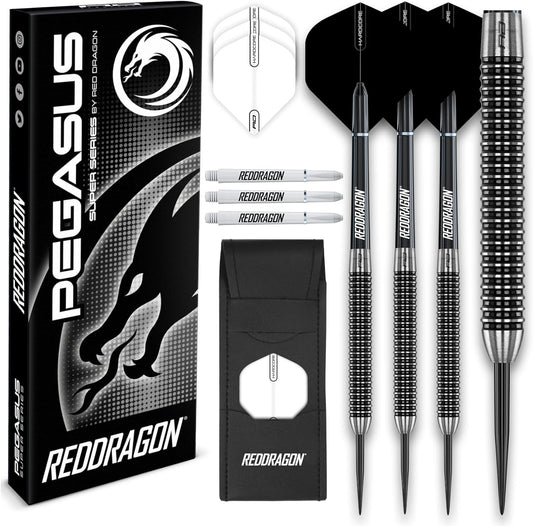 Pegasus Professional Tungsten Steeltip Darts Set Available in 21, 23, 24, 25, 26, 28, 30 Gram with Flights, Stems (Shafts) and Wallet