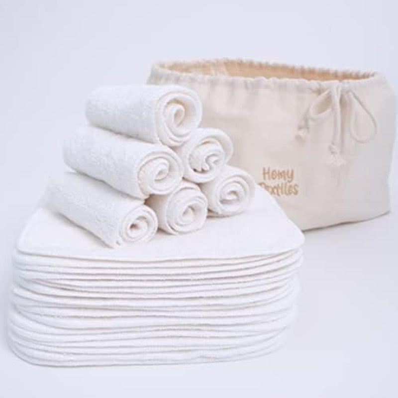 Pack of 25 Bamboo Reusable Wash Cloth & Baby Wipes - 20 Cm X 20 Cm Soft Flannel Face Cloth with a Decorative Stylish 100% Cotton Bag - Newborn Essentials