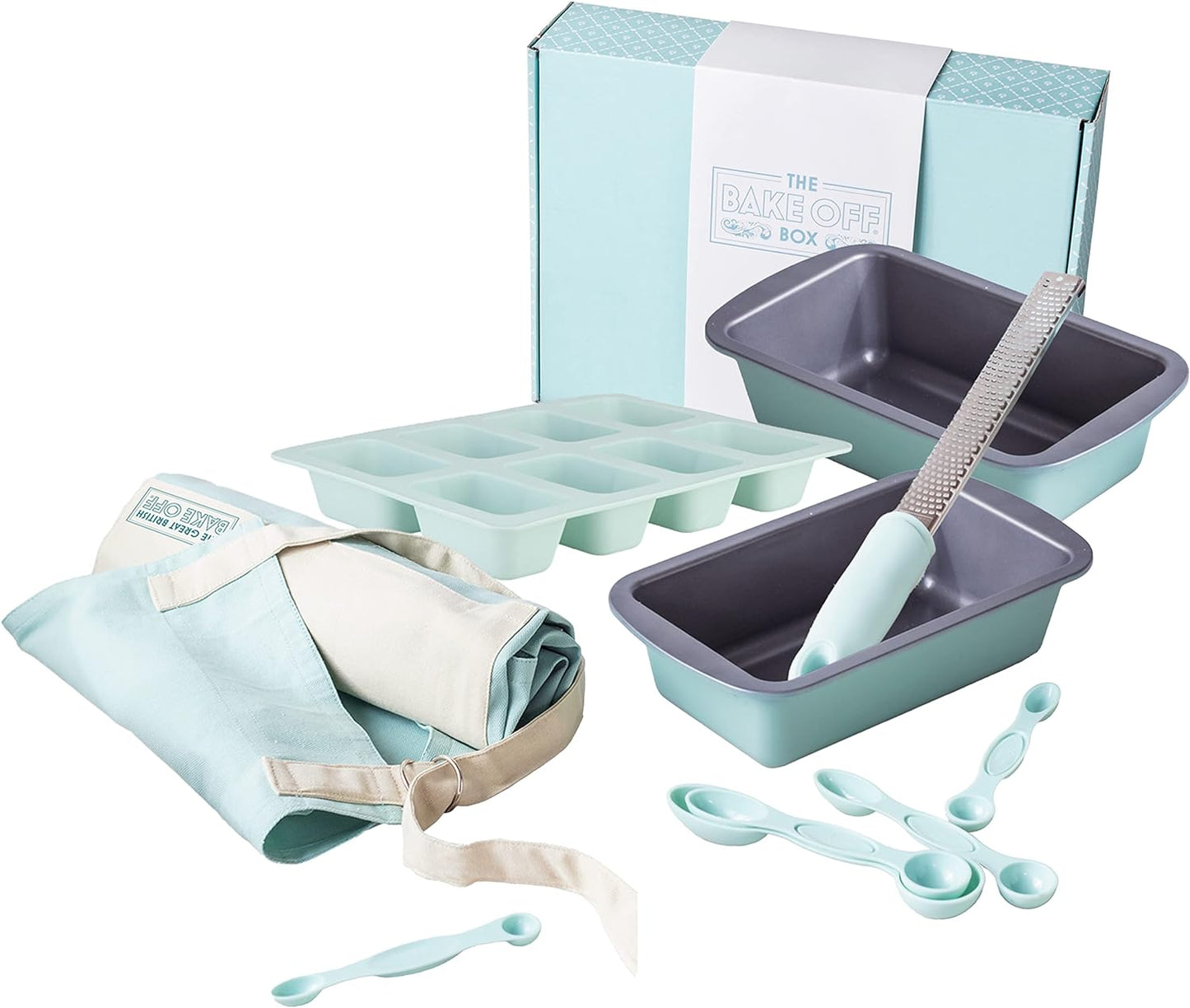 Baking Set, Including 2 X 2Lb Loaf Tins, Official GBBO Apron for Women & Men, Silicone Mini Loaf Tray, Lemon Zester & Measuring Spoon Set (5Pcs), Duck Egg Blue