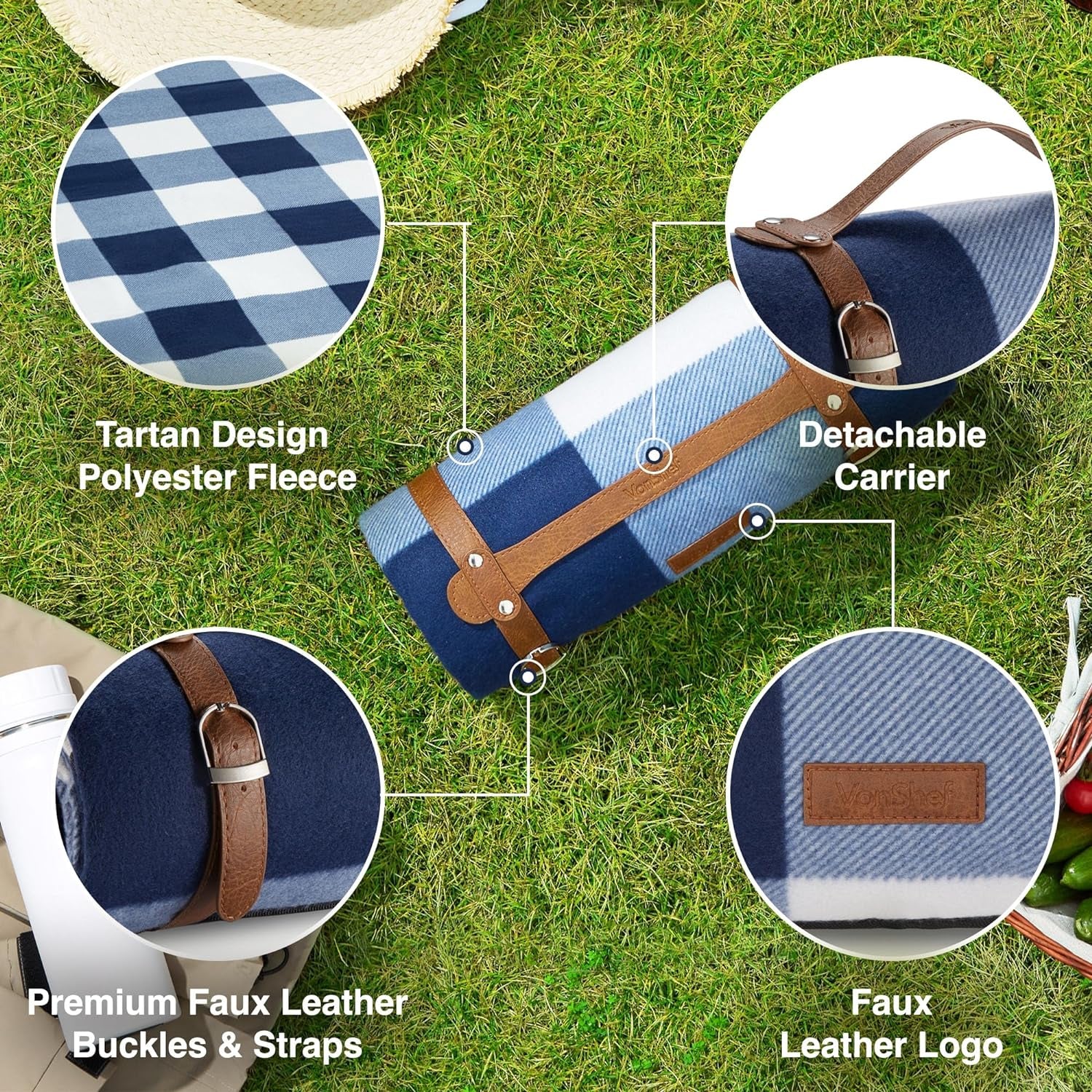 Picnic Blanket, Blue & White Tartan Outdoor Rug with Waterproof Backing, 6 Person Weatherproof Picnic Mat with Faux Leather Handle, Water Resistant Camping Accessories, 147X180Cm