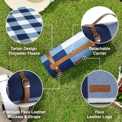 Picnic Blanket, Blue & White Tartan Outdoor Rug with Waterproof Backing, 6 Person Weatherproof Picnic Mat with Faux Leather Handle, Water Resistant Camping Accessories, 147X180Cm