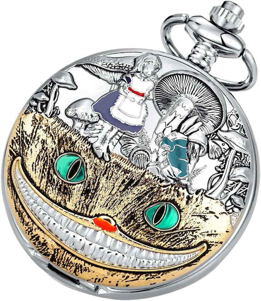 Alice in Wonderland Pocket Watch Alice Dial Roman Numerals Quartz Pocket Watches with Chain Christmas Birthday Gifts