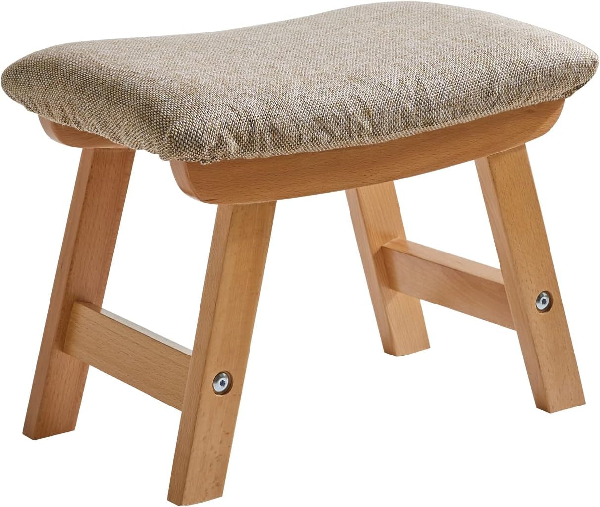 Wooden Footstool, Foot Stool Ottoman Pouffe Padded Chair Stool with Removable Cover 4 Beech Legs Suitable for Bedroom, Living Room and Kitchen, (Natural Leg + Beige Cushion), YDEU-1358