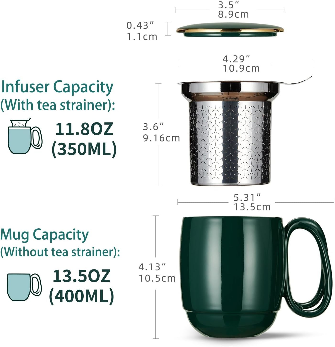 Tea Infuser Mug with Lid, Porcelain Entwined Handle Loose Leaf Tea Cup, 480ML Gold Trim Tea Steeping Mug for Home or Office, Dark Green