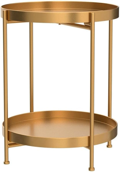 round Side Table Gold End Table, 2-Tier Metal Tray Snack Table Coffee Table Tea Table Nightstand Sofa Table for Living Room Bedroom Balcony Patio