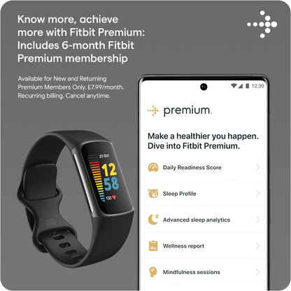 Charge 5 Activity Tracker with 6-Months Premium Membership Included, up to 7 Days Battery Life and Daily Readiness Score, Black / Graphite Stainless Steel