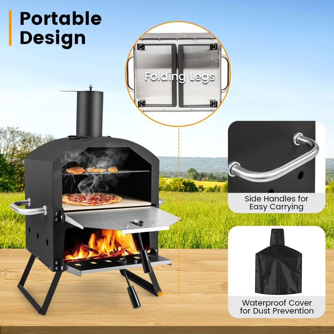 Outdoor Pizza Oven, 2 Tier Wood-Fired Pizza Maker with Waterproof Cover, Cooking Grill and Pizza Stone, Outdoor Garden Patio BBQ Pizza Cooker for Meat, Fish and Veg