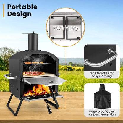 Outdoor Pizza Oven, 2 Tier Wood-Fired Pizza Maker with Waterproof Cover, Cooking Grill and Pizza Stone, Outdoor Garden Patio BBQ Pizza Cooker for Meat, Fish and Veg