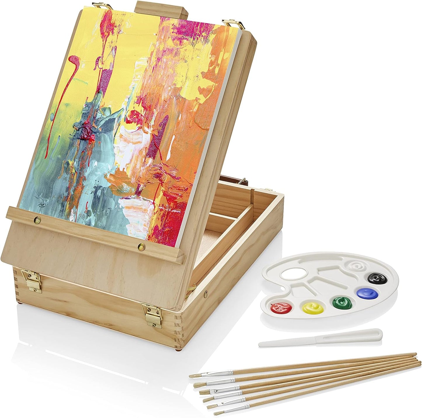 Painting Set for Adults - Box Easel - Portable Table Top Easel - Kit Includes 2 X Canvasses, 24 X Paints & 6 Brushes - Canvas Painting Set