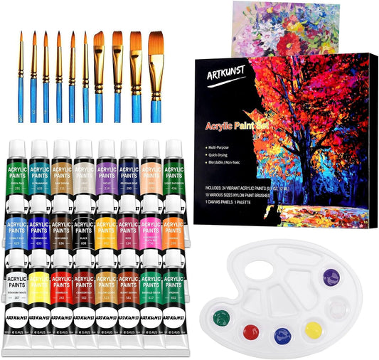 Acrylic Paint Set, 24 Rich Pigment Colors with 10 Art Brushes for Painting Canvas, Wood, Ceramic & Fabric, Rich Pigments Lasting Quality for Beginners, Students & Professional Artist