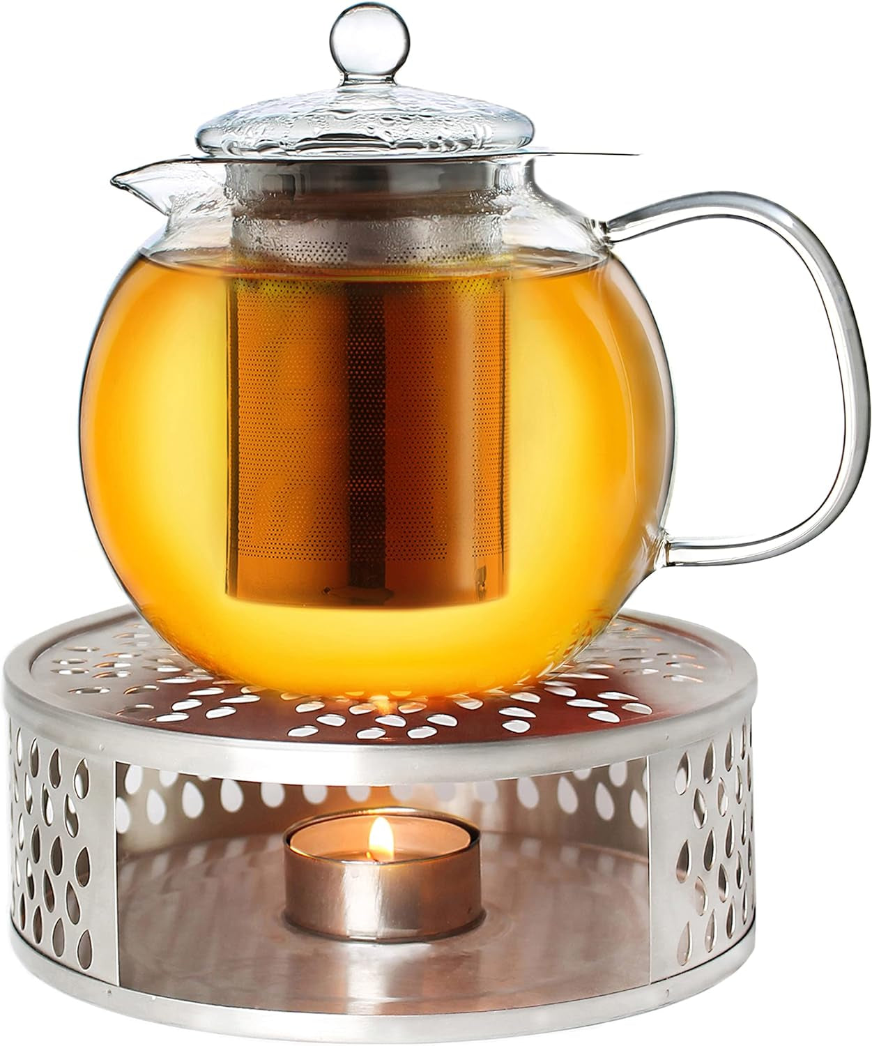 Glass Teapot 850Ml with Warmer - Stovetop Safe Tea Kettle with Stainless Steel Infuser and Glass Lid, Ideal for Preparing Loose Teas - Drip Free